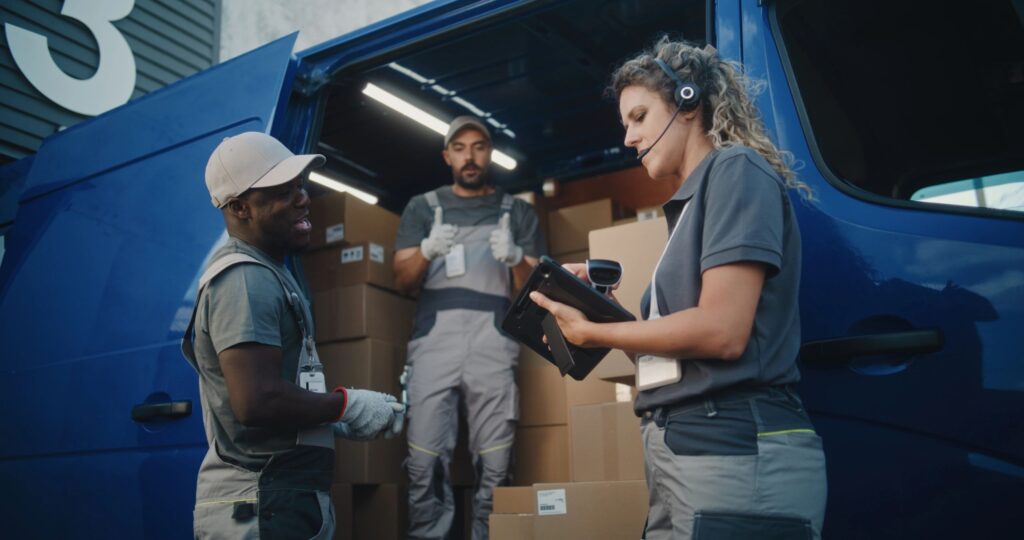 modern wholesale distribution team delivering products to retail store